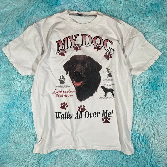 Vintage 90s White Dog Print T Shirt - Large