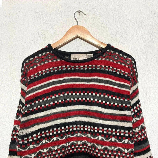 Vintage 80s Red Patterned Striped Knitted Jumper - Large