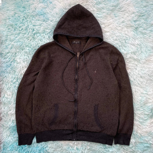 Dark Brown AllSaints Ribbed Knitted Hoodie Full Zip - Large