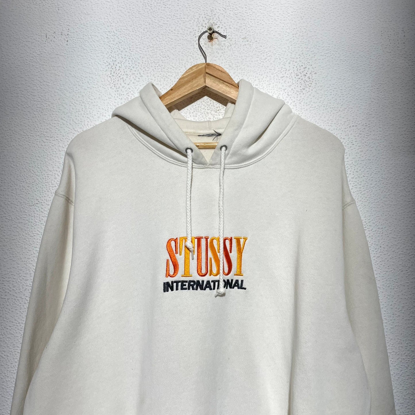 Cream White Stussy Hoodie Spellout - XL