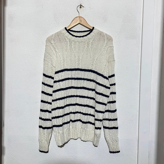Cream & Navy Striped Gant Knitted Jumper Linen Blend - Large