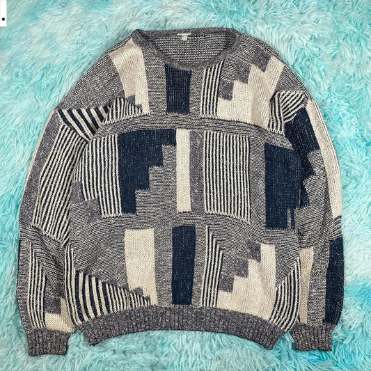 Vintage 90s Navy & White Grunge Knitted Jumper - Large