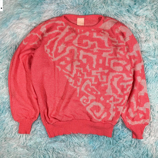 Vintage 80s Pink Patterned Knitted Jumper - Size 12