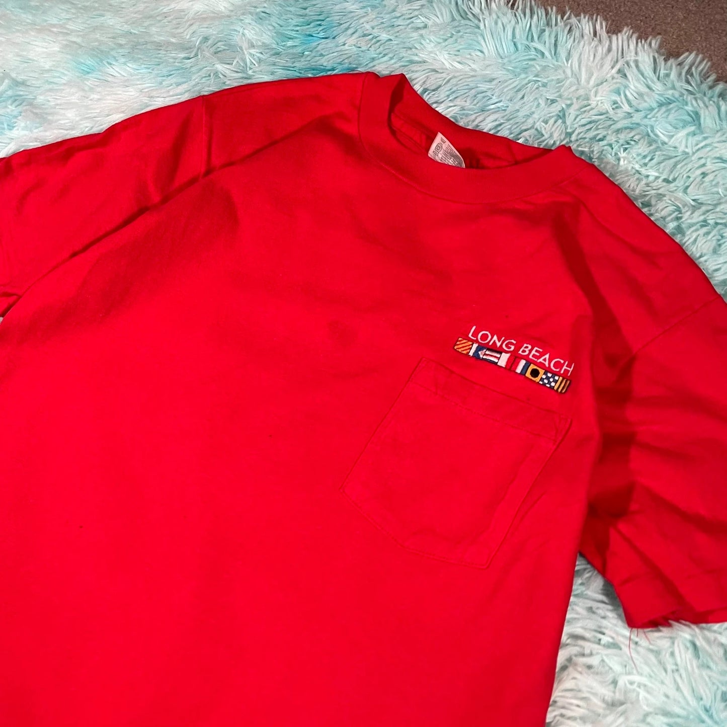 Vintage 90s Red Long Beach Graphic T Shirt - Large