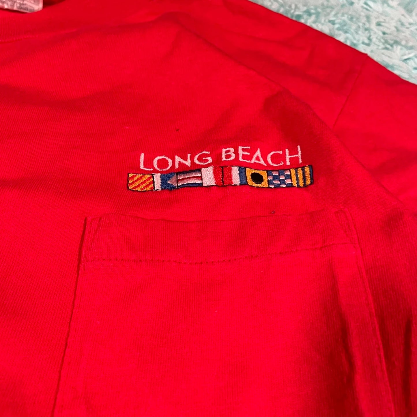 Vintage 90s Red Long Beach Graphic T Shirt - Large