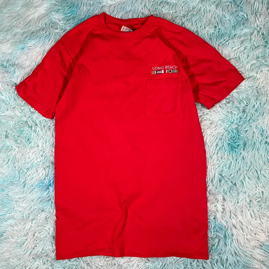Vintage 90s Red Long Beach Graphic T Shirt - Large