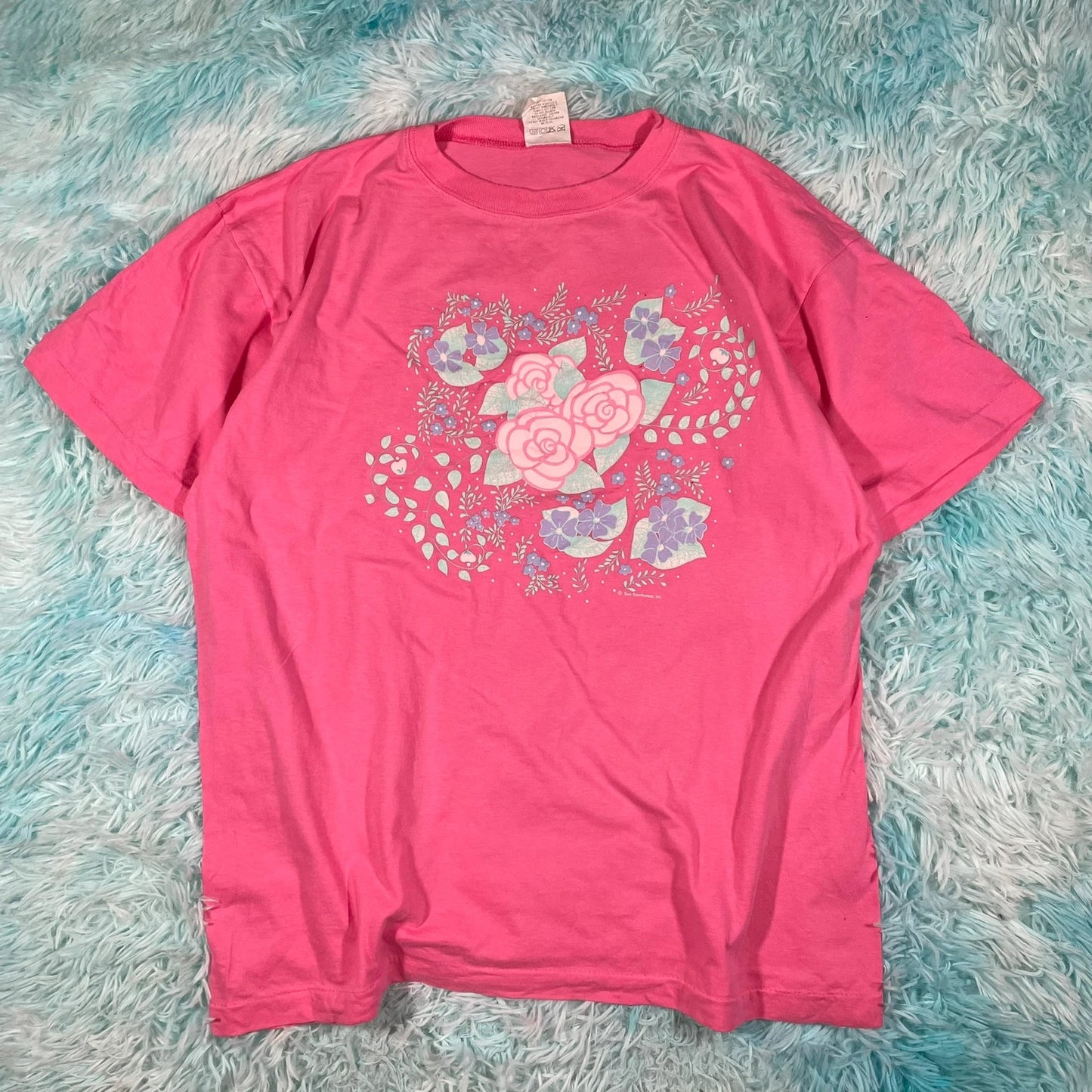 Vintage 80s Pink Floral Graphic T Shirt - Medium