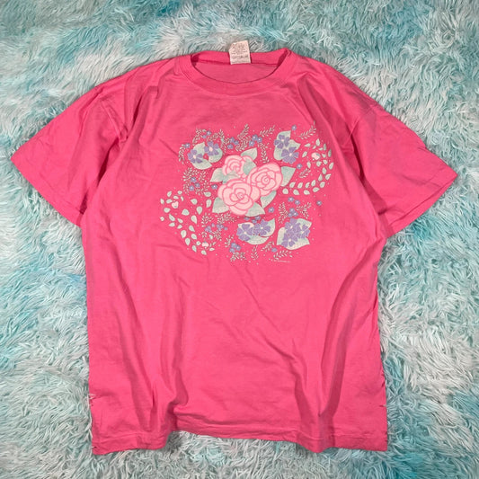 Vintage 80s Pink Floral Graphic T Shirt - Medium