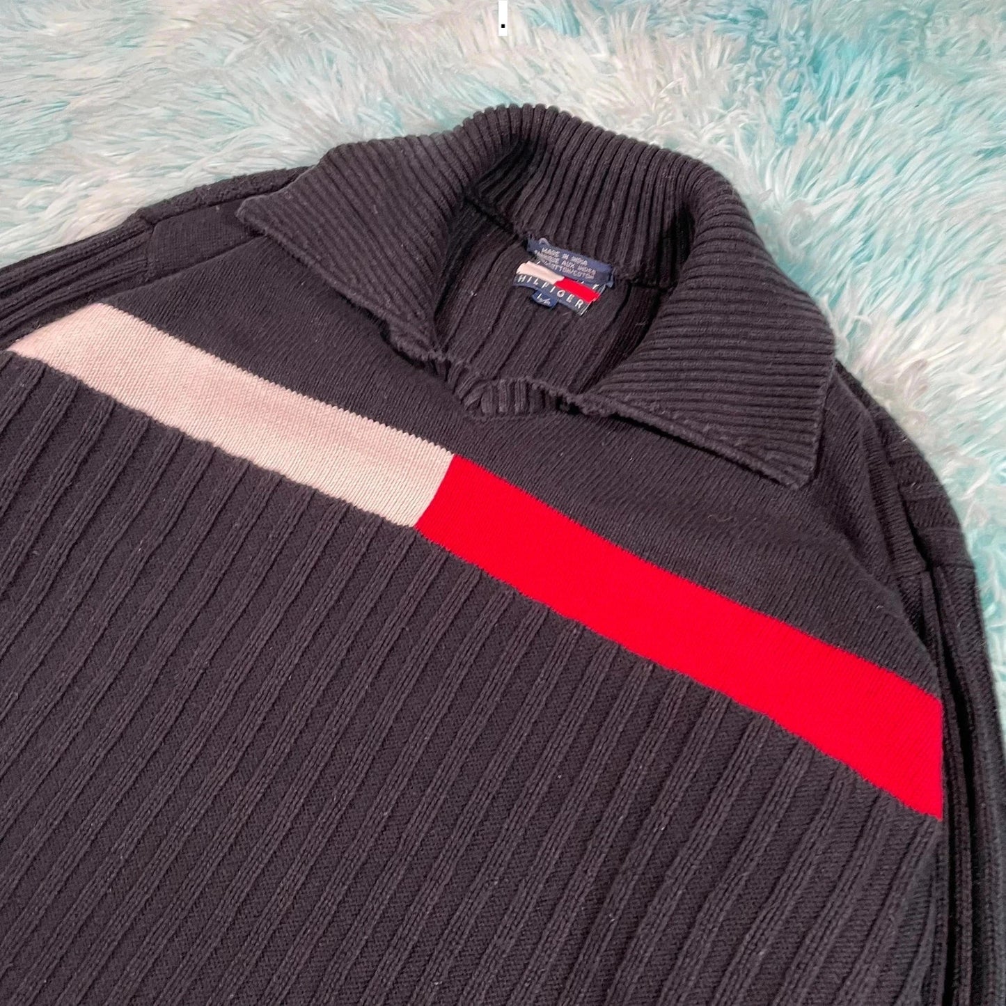 Vintage 00s y2k Black Tommy Hilfiger Knitted Jumper Flag - Large