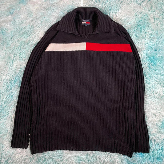 Vintage 00s y2k Black Tommy Hilfiger Knitted Jumper Flag - Large