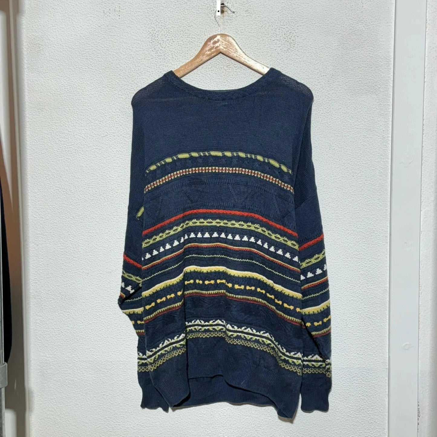 Vintage 90s Navy Funky Patterned Knitted Jumper - XXL