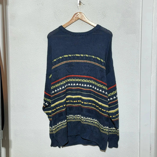 Vintage 90s Navy Funky Patterned Knitted Jumper - XXL