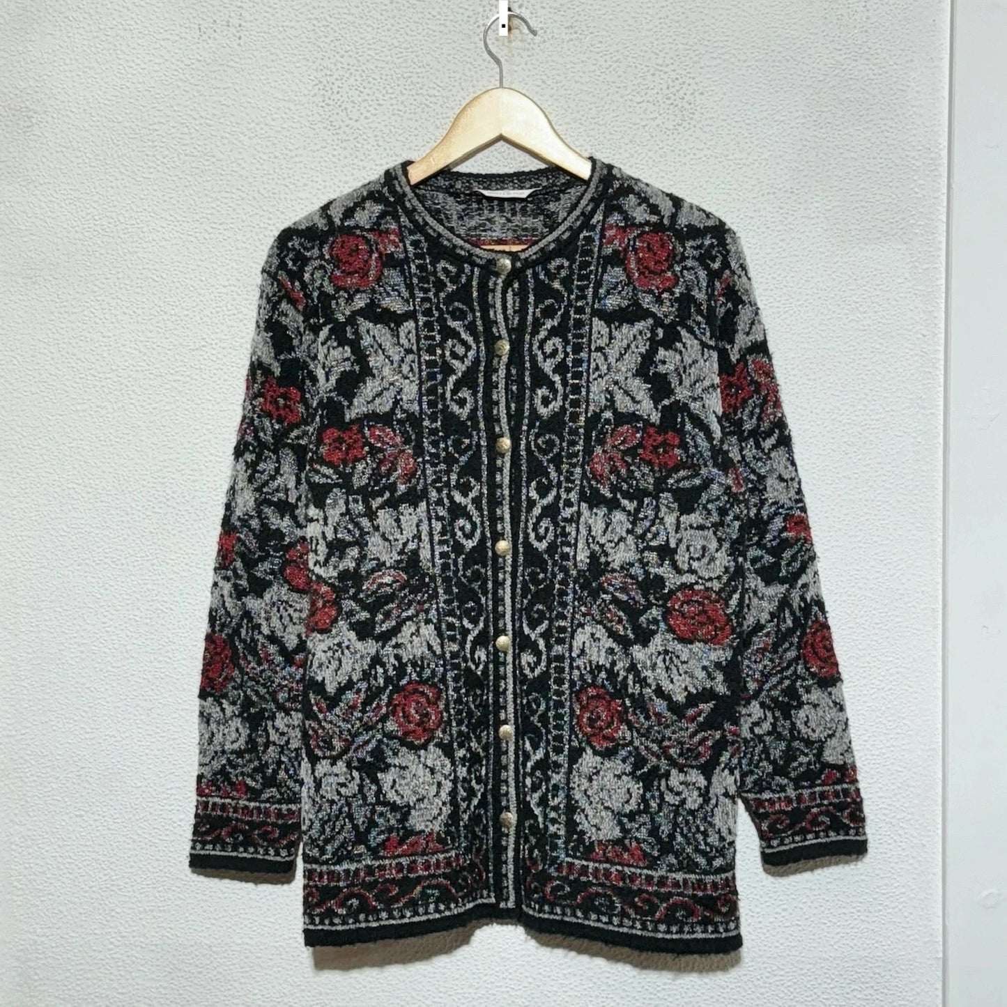 Vintage 80s Black Floral Patterned Knitted Cardigan