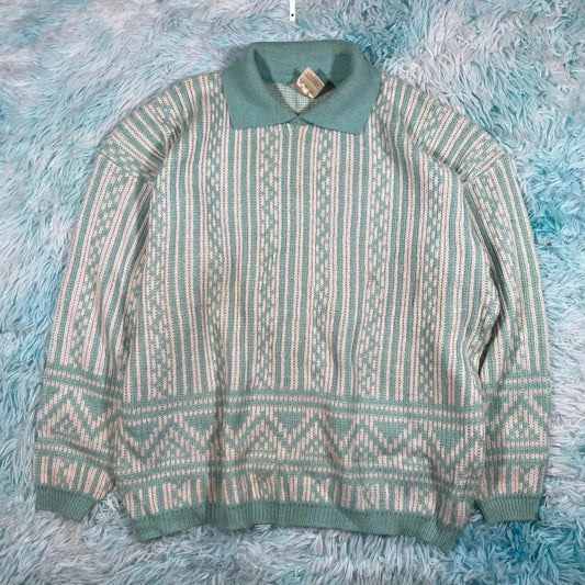 Vintage 80s White & Blue Collared Knitted Jumper - Size 14