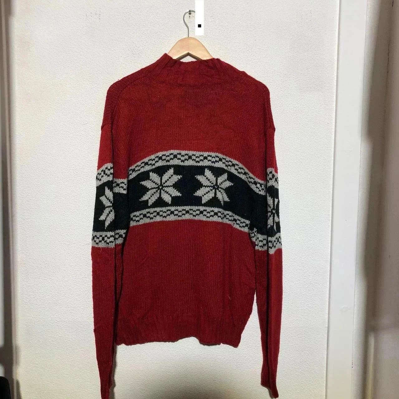 Vintage Red Patterned Snowflake Knitted Jumper Full Zip - Large