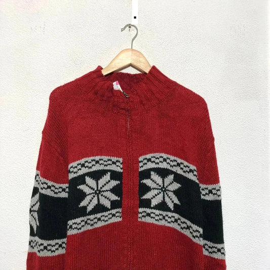 Vintage Red Patterned Snowflake Knitted Jumper Full Zip - Large