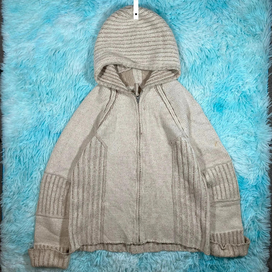 Vintage 00s Cream Knitted Hooded Jumper - Large