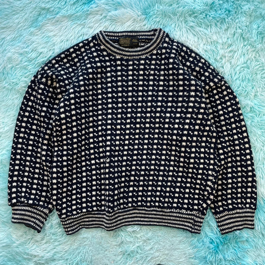 Vintage 90s Navy & White Norwegian Knitted Jumper - XL