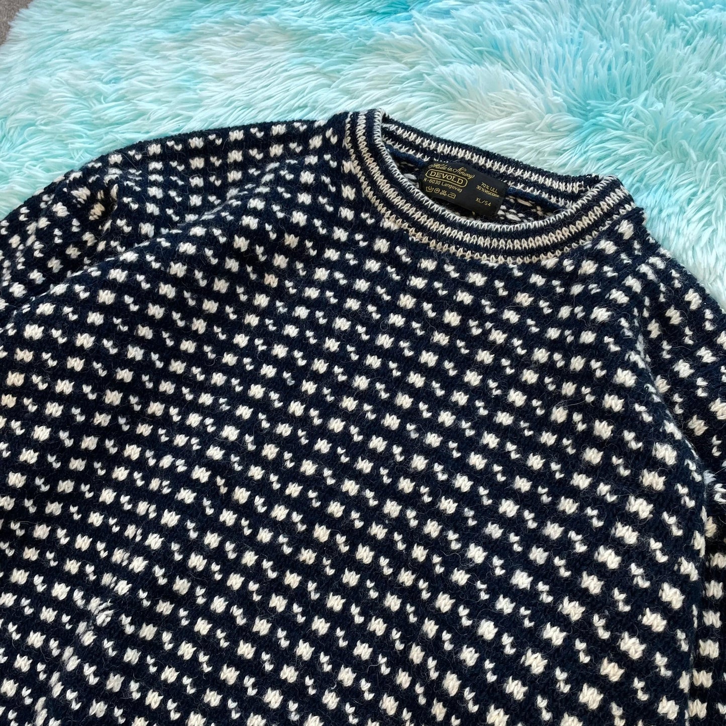 Vintage 90s Navy & White Norwegian Knitted Jumper - XL
