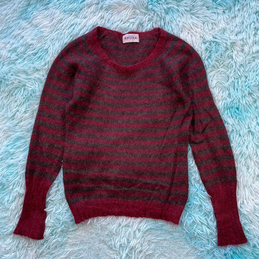 Red & Burgundy Striped Brora Knitted Jumper - Size 12