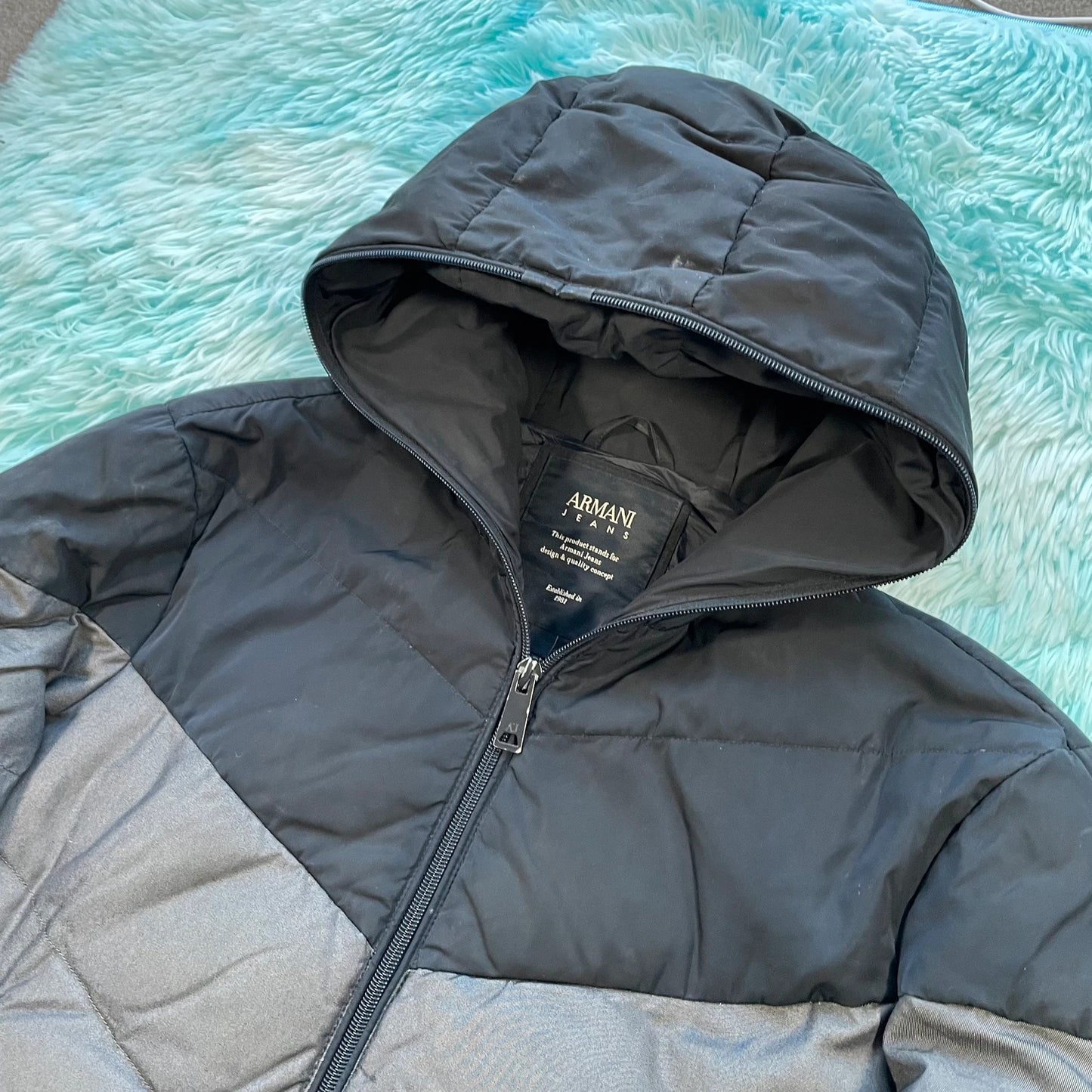 Grey & Navy Armani Jeans Down Puffer Jacket - Small