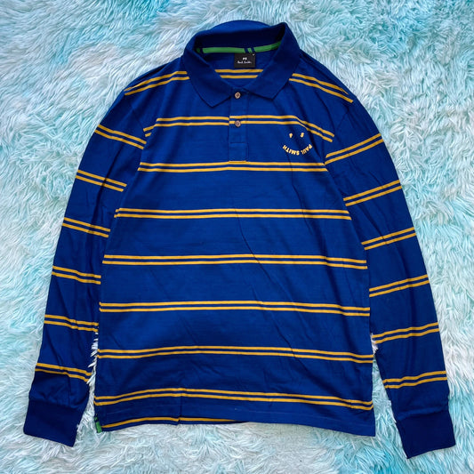 Blue & Yellow Striped Paul Smith Polo Shirt Long Sleeve -  Medium