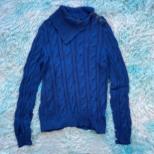 Blue Ralph Lauren Cable Knitted Jumper Collared - Large
