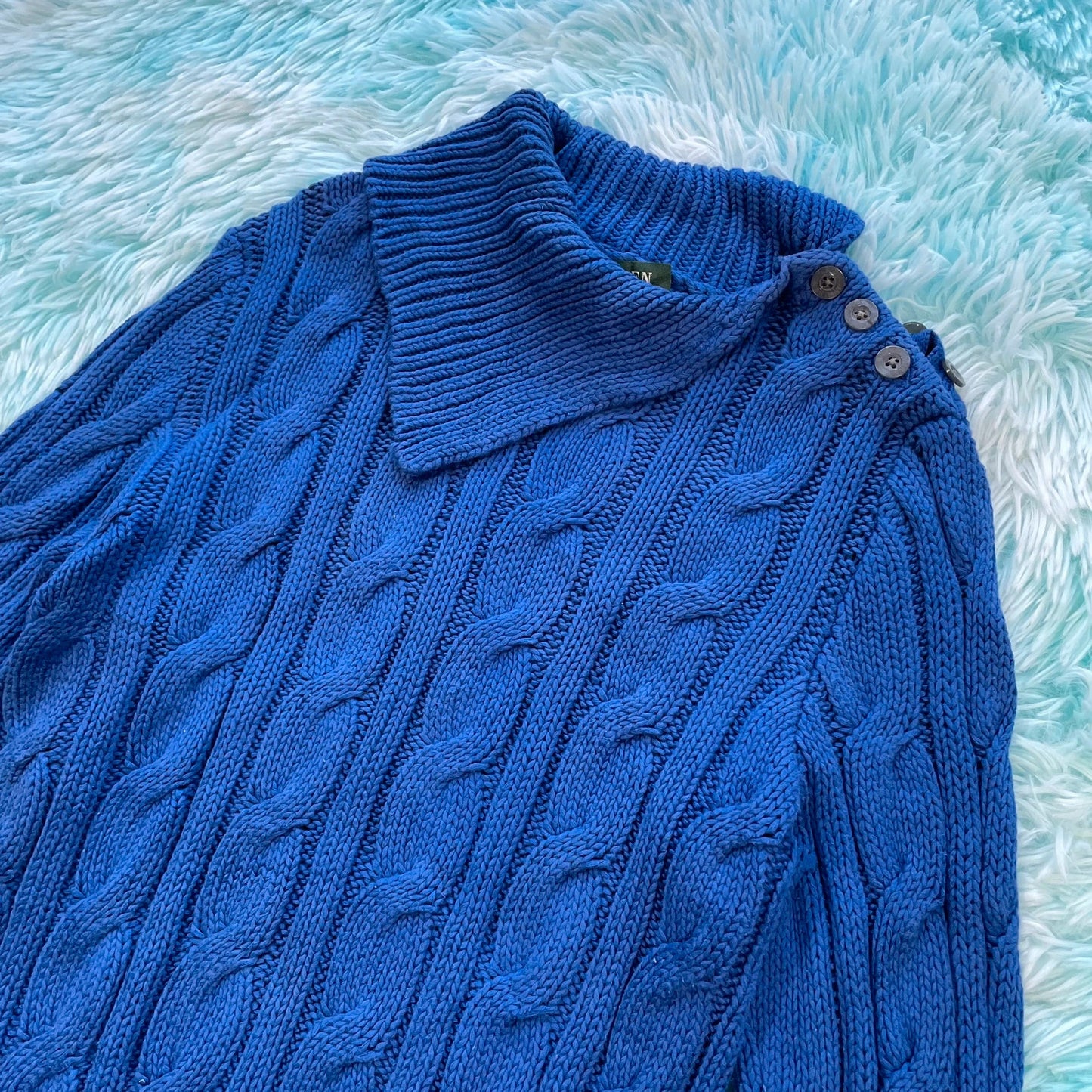Blue Ralph Lauren Cable Knitted Jumper Collared - Large