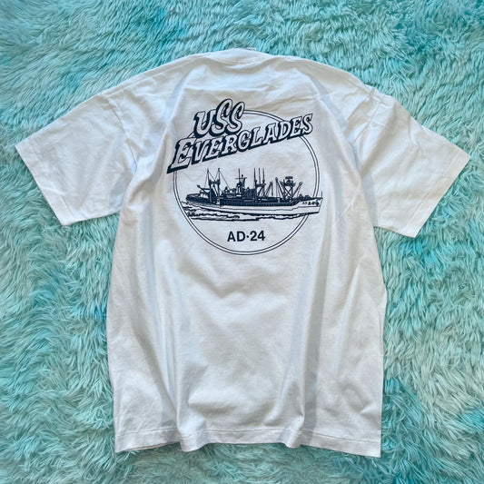 Vintage 90s White USS Everglades Ship Graphic T Shirt - XL