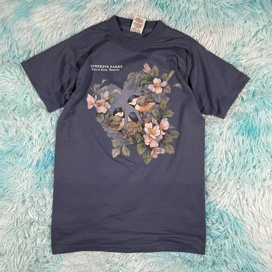 Vintage 90s Navy Robin Floral Print - Small