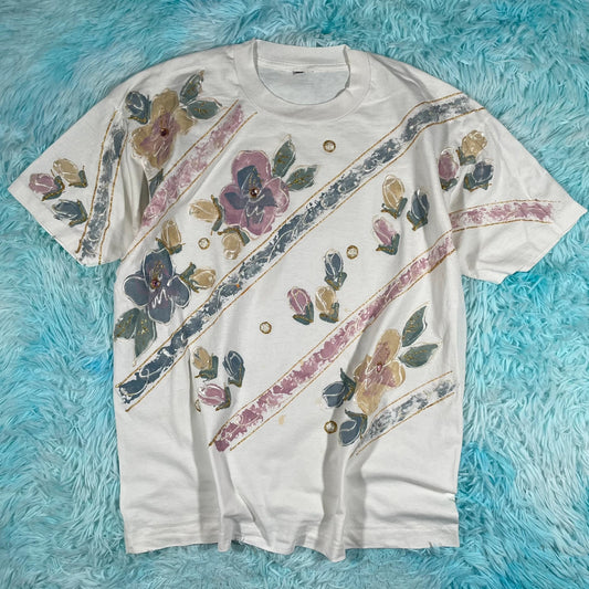 Vintage 80s White Floral Print T Shirt - XL