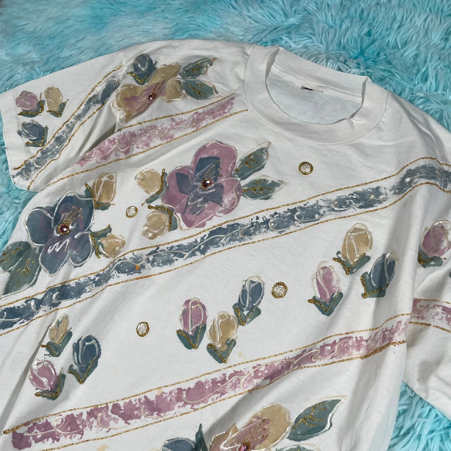 Vintage 80s White Floral Print T Shirt - XL