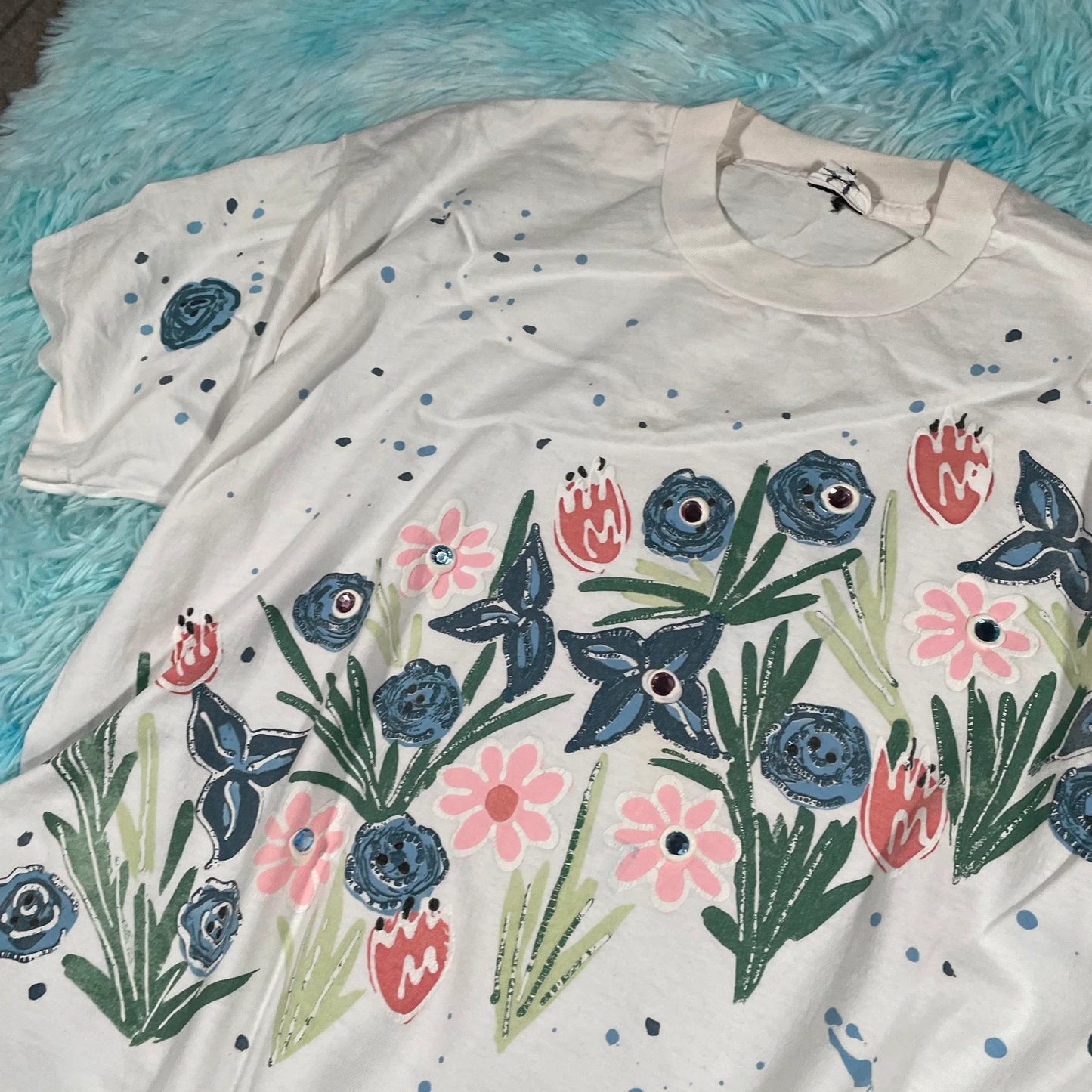 Vintage 80s White Floral Graphic T Shirt - Large