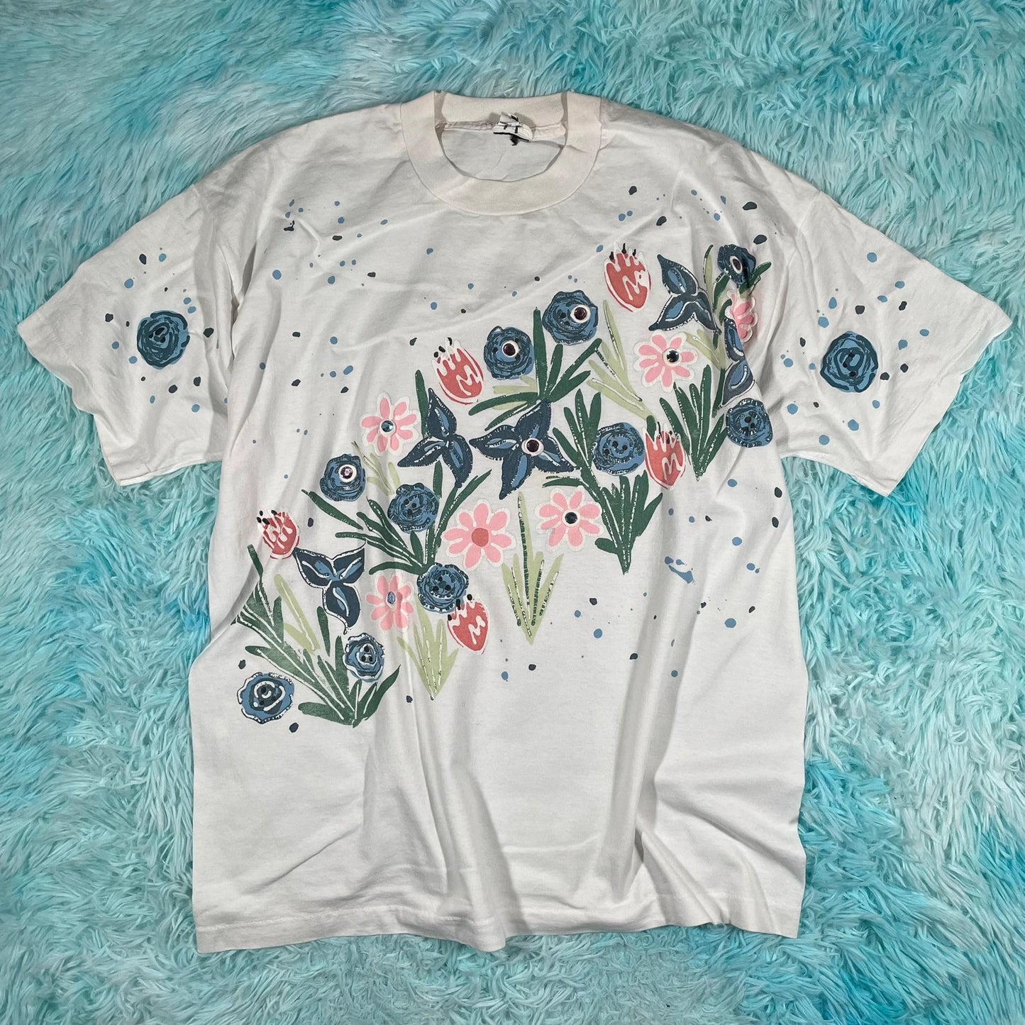 Vintage 80s White Floral Graphic T Shirt - Large