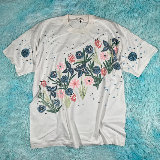 Vintage 80s White Floral Graphic T Shirt - Large