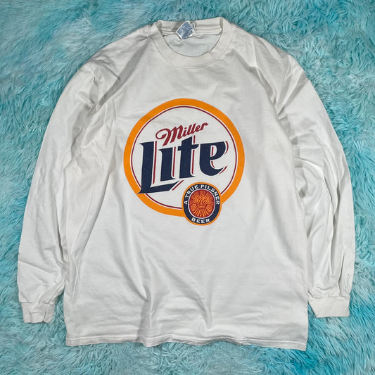 Vintage 90s White Miller Lite Beer Graphic T Shirt Long Sleeve - XL