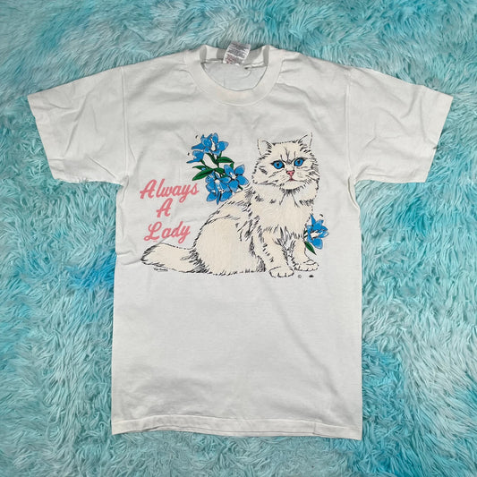 Vintage 90s White Cat Graphic T Shirt - Small