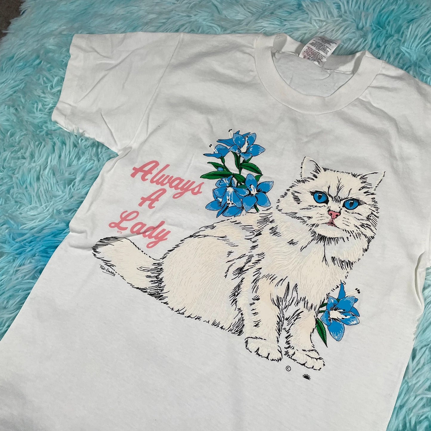 Vintage 90s White Cat Graphic T Shirt - Small