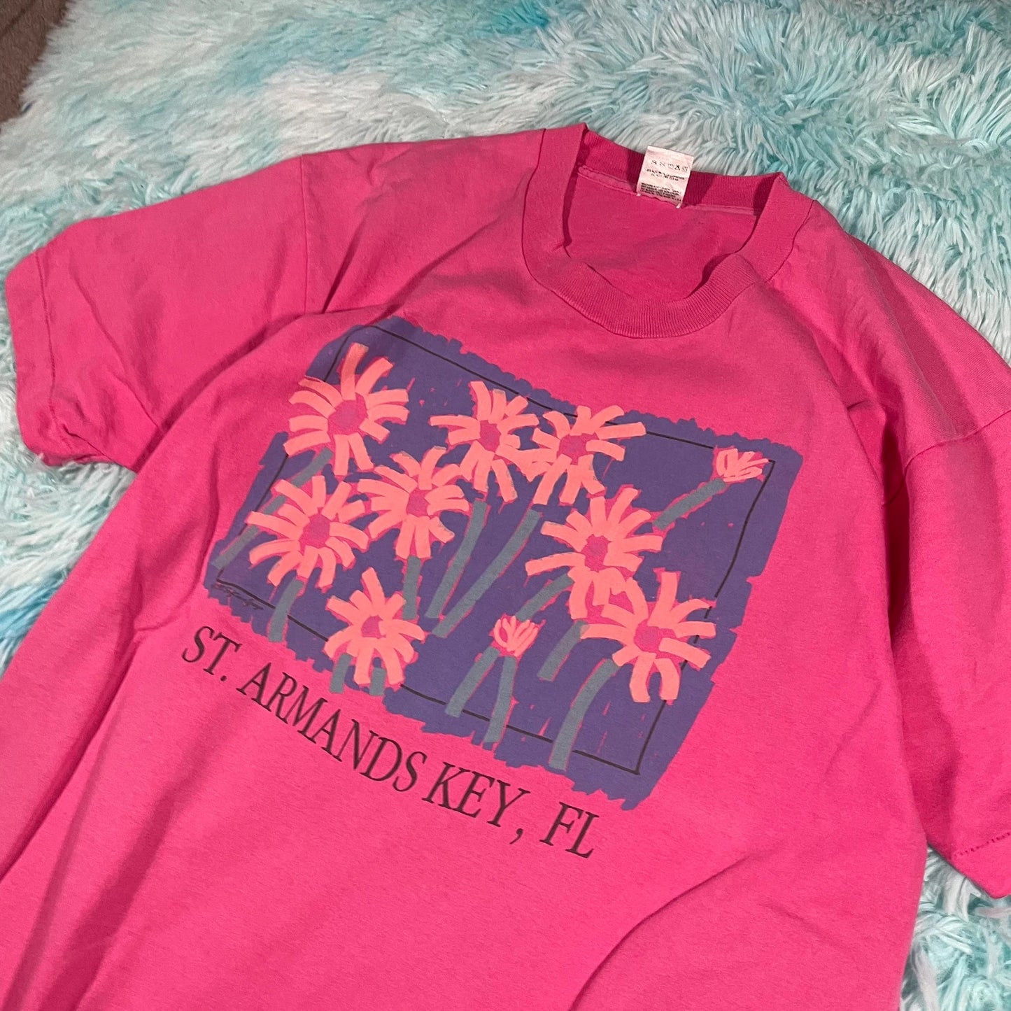 Vintage 90s Pink St Armands Key Florida Floral Graphic T Shirt - XL