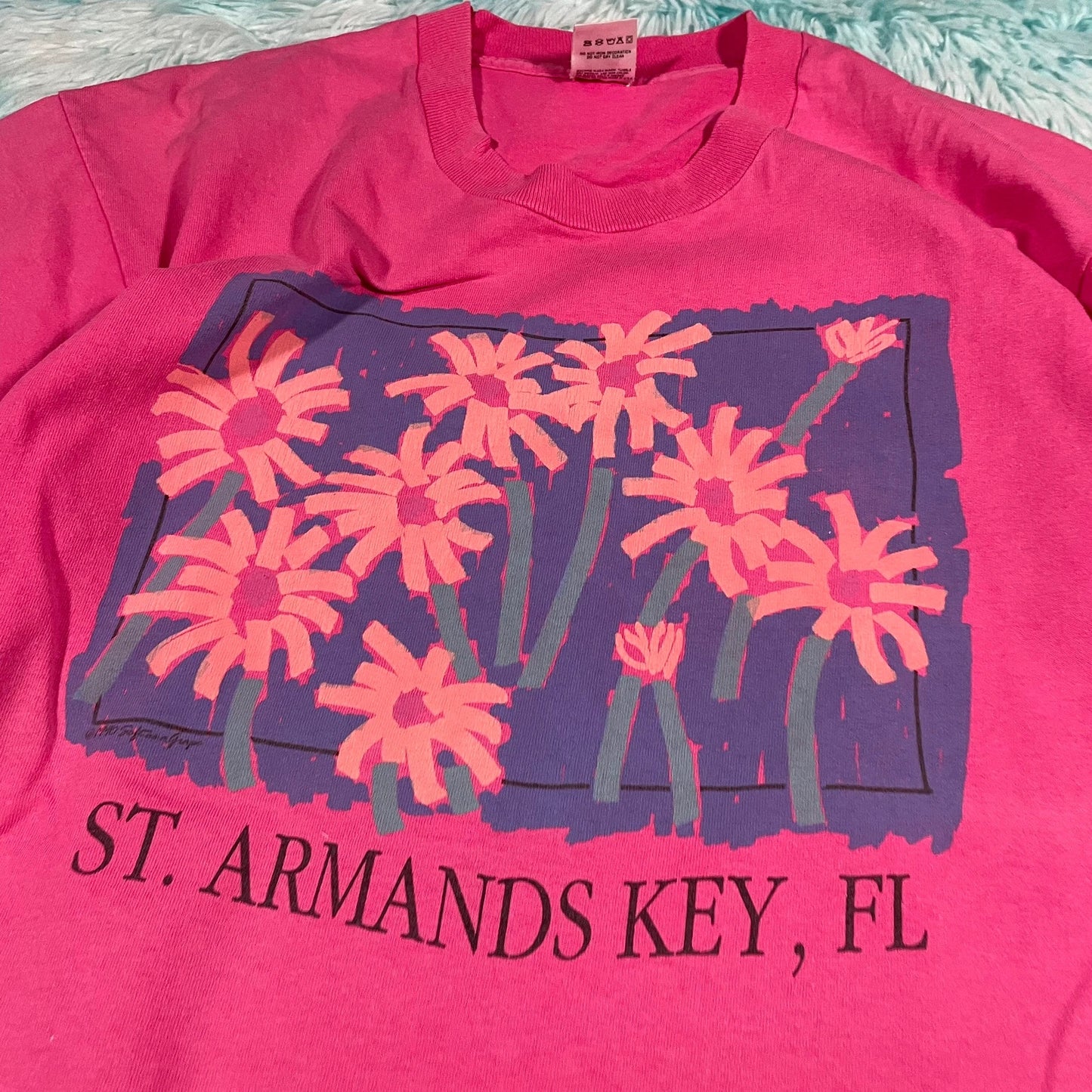 Vintage 90s Pink St Armands Key Florida Floral Graphic T Shirt - XL