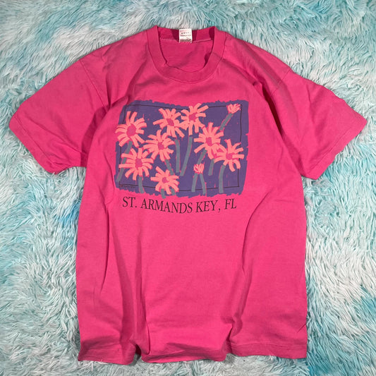 Vintage 90s Pink St Armands Key Florida Floral Graphic T Shirt - XL