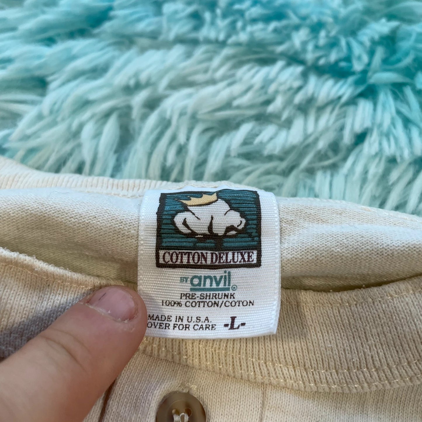 Vintage 90s Beige Henley T Shirt Company graphic - Large