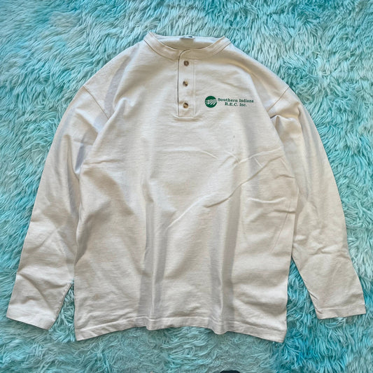 Vintage 90s Beige Henley T Shirt Company graphic - Large