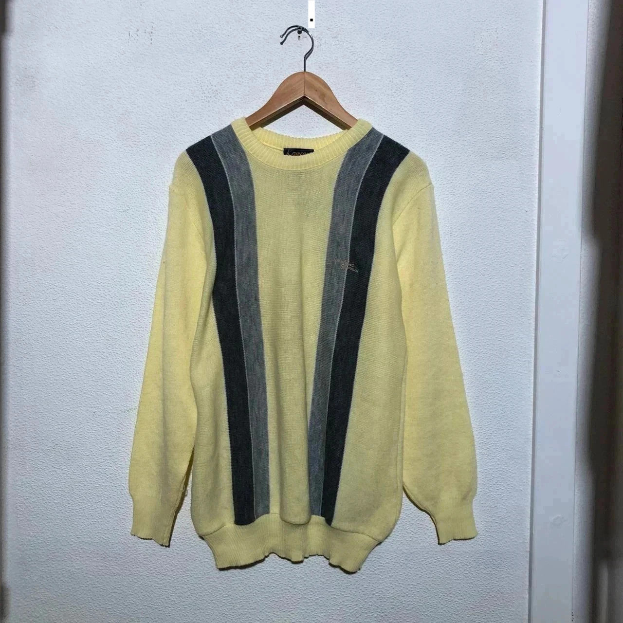 Vintage 80s Yellow Striped Grunge Patterned Knitted Jumper - Large