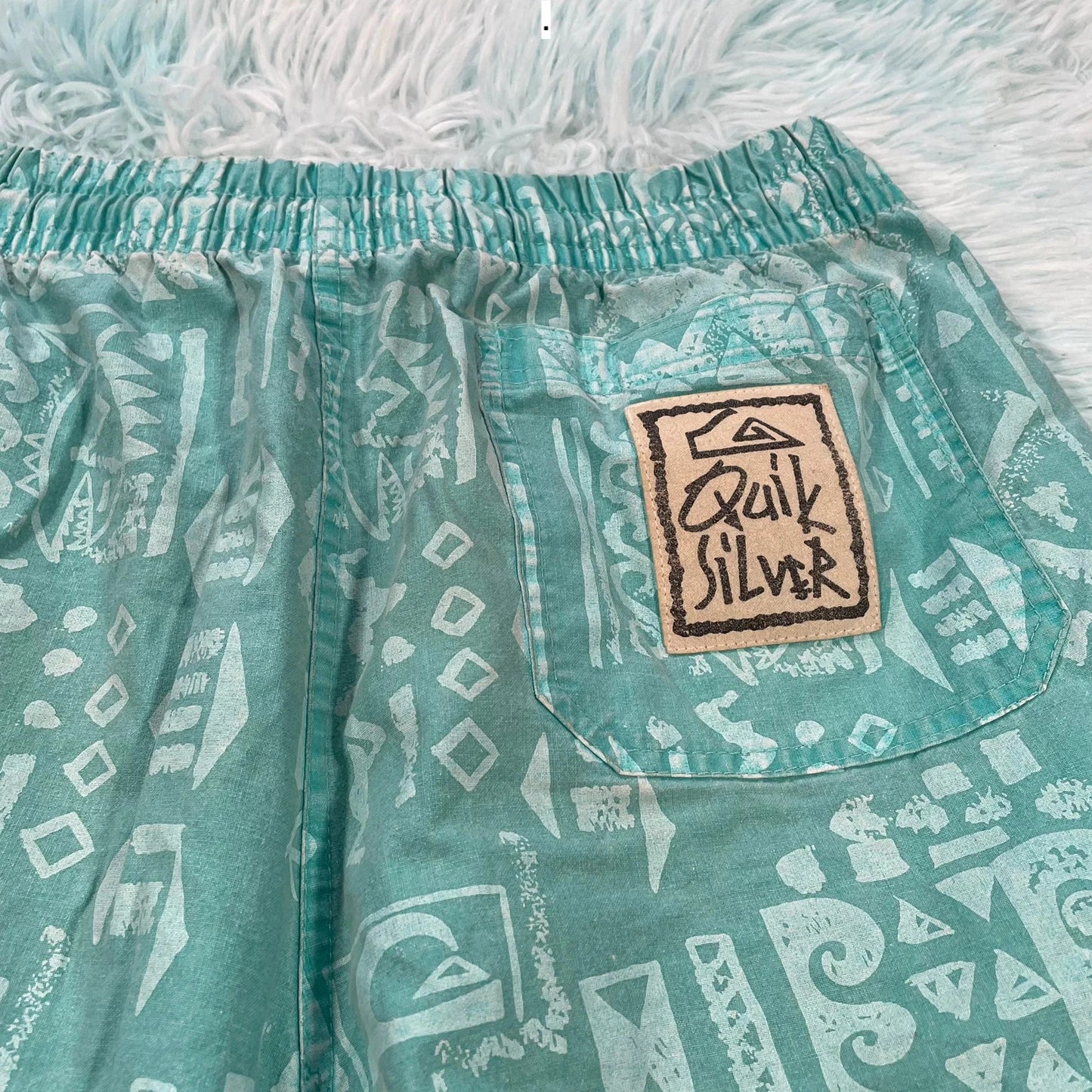 Vintage 80s Turquoise Quiksilver Shorts Funky Surfwear Print - L