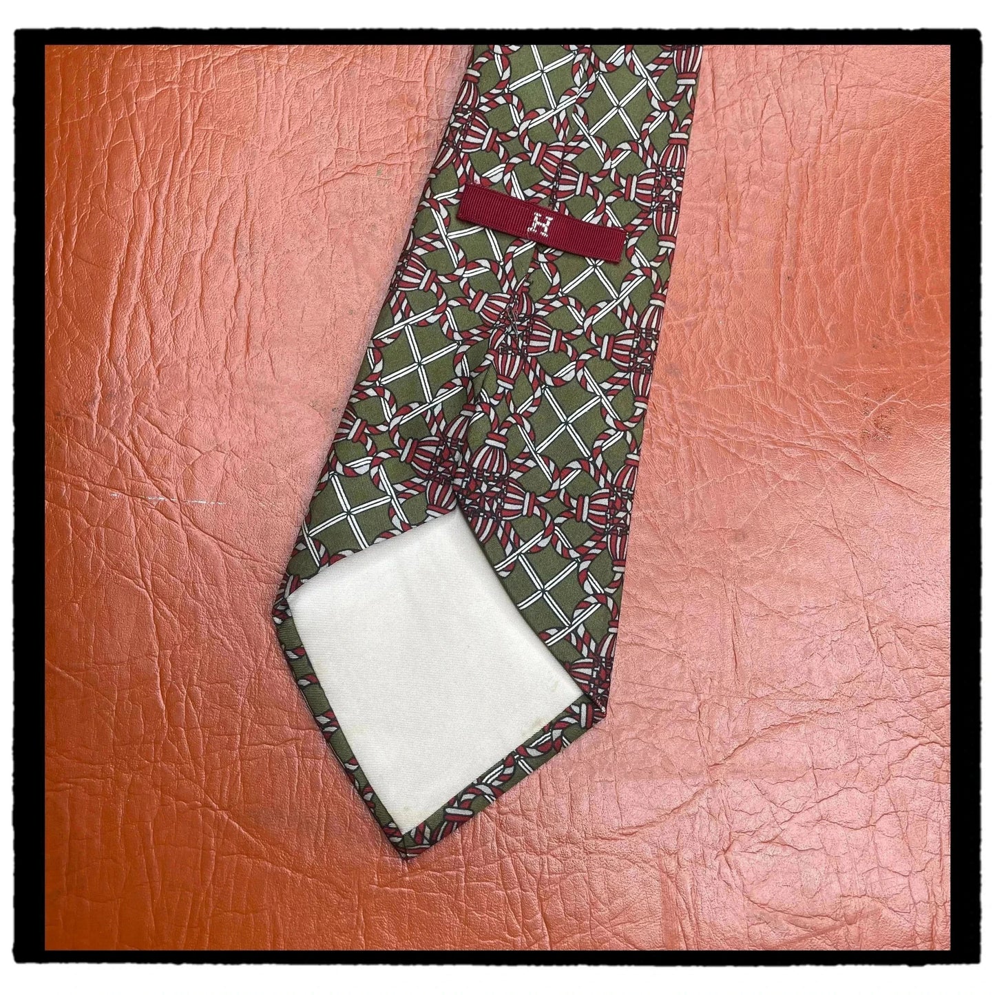 Vintage 90s Hermes Tie Patterned Green Made in France 100% Silk