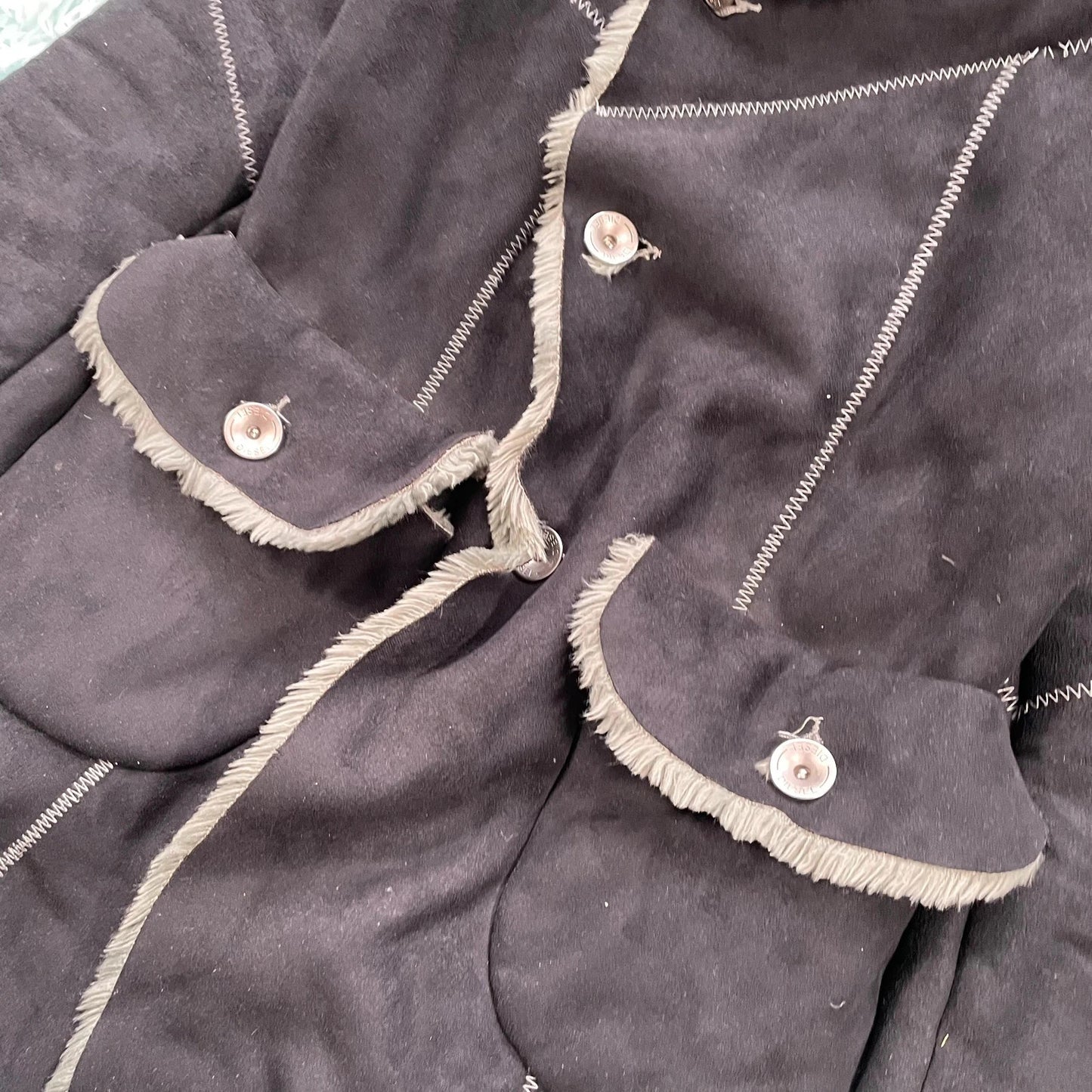 Vintage Black Diesel Faux Suede Fur Jacket - Large