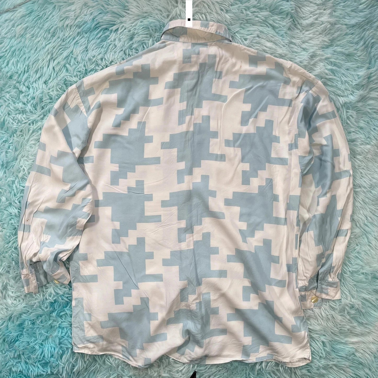 Vintage 90s Blue & White Dogtooth Funky Silk Shirt - XL