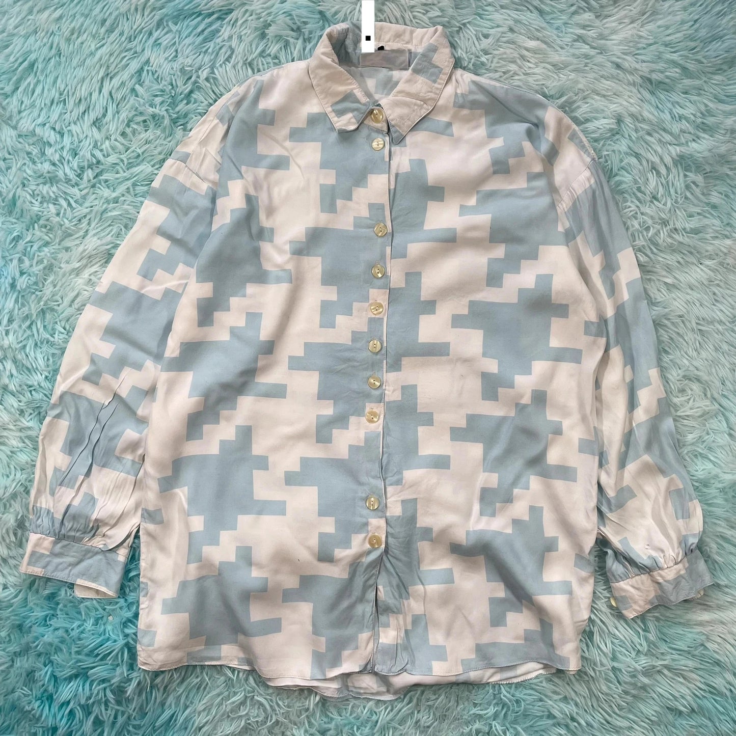 Vintage 90s Blue & White Dogtooth Funky Silk Shirt - XL