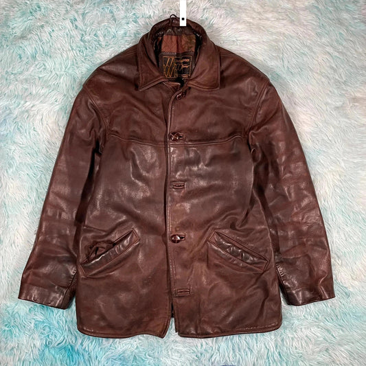 Vintage 90s Brown Leather Jacket Button Up - XS